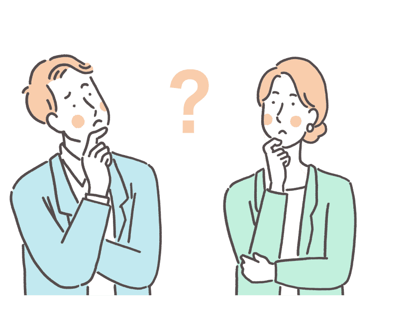 考え込む表情の男性と女性が、それぞれ顎に手を当てている