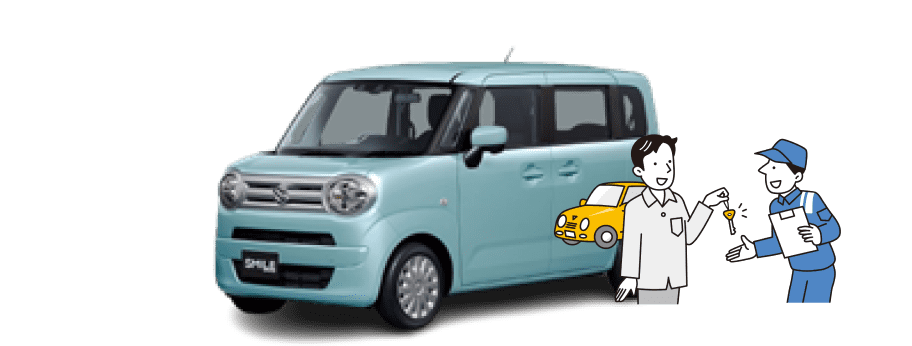水色のスズキ スペーシアと、男性が整備士から車のキーを受け取るイラストが組み合わさり、納車や車の引き渡しの場面をイメージさせる画像。