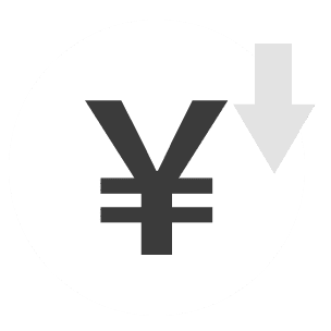 円記号と下向き矢印のアイコン（円安・価格低下を表す）