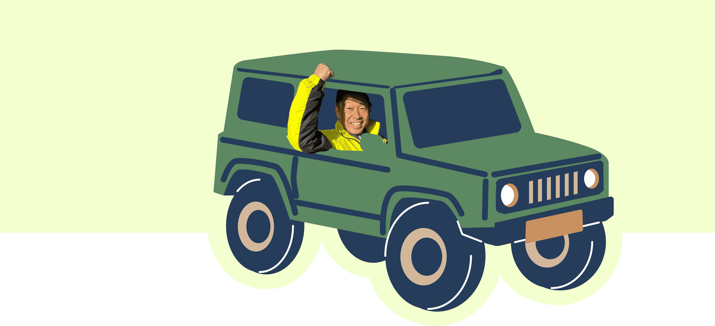 イラストの男性が運転する緑色のカートゥーンスタイルの車